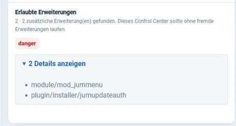 Example: The system status checks whether only approved extensions are installed on the Control Center.