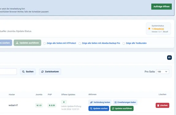 Example: Project list with central actions and status information.