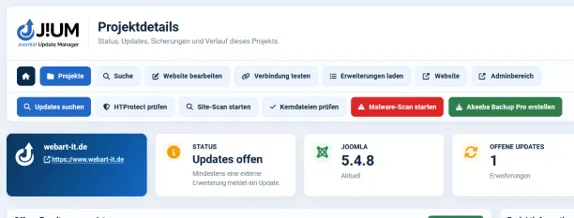 Example: Project detail page with central maintenance actions.